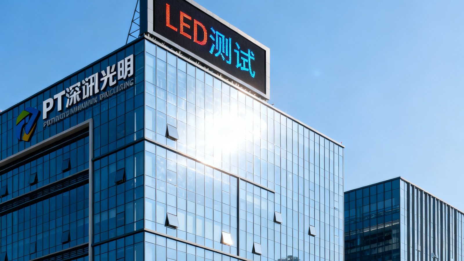 PT视讯深圳光明区LED产业园总部办公楼外观，现代化玻璃幕墙建筑，楼顶设有LED测试屏，天空晴朗