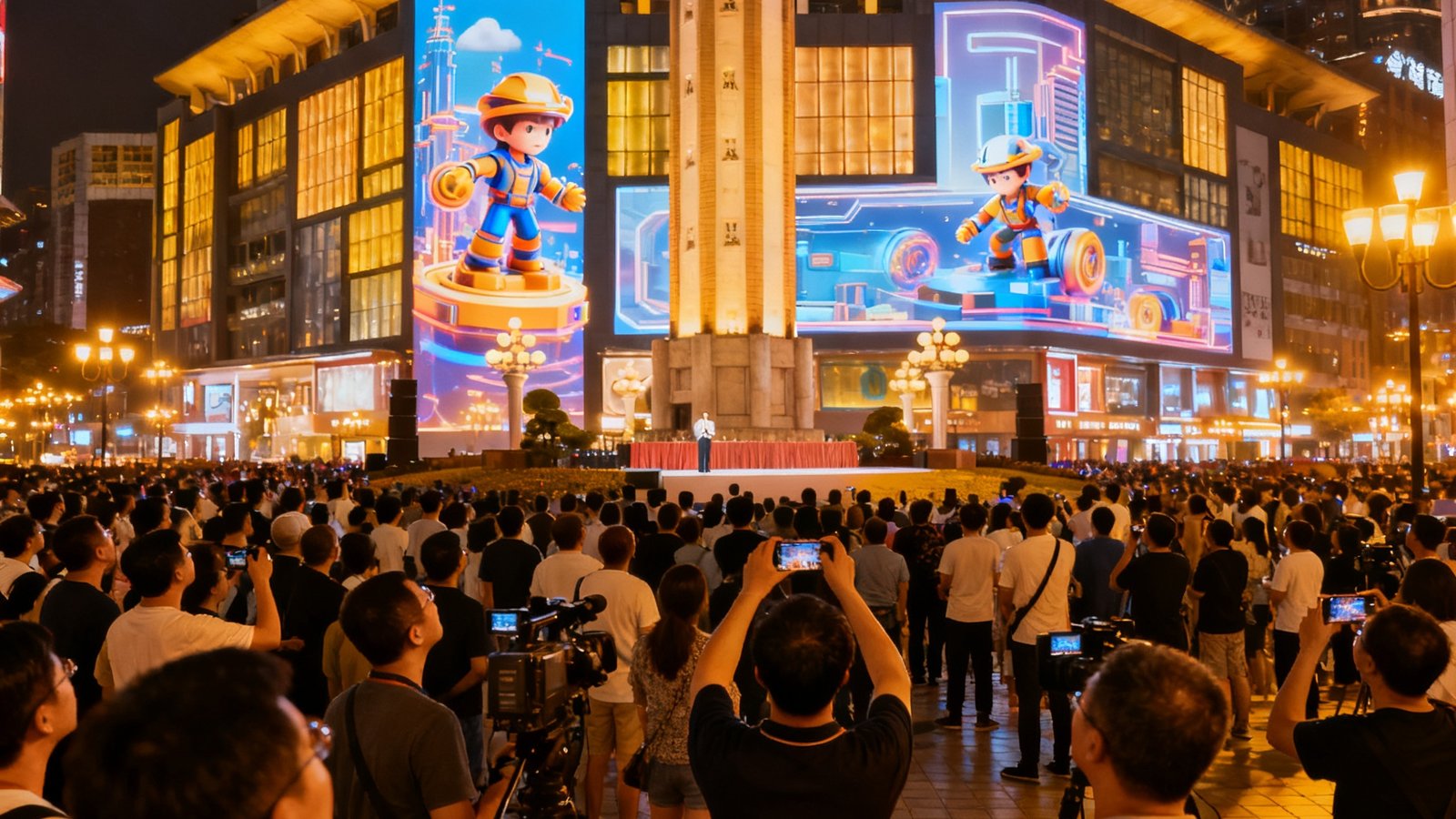重庆解放碑商圈裸眼3D大屏点亮仪式现场，屏幕播放立体动画，众多市民和媒体记者在广场上观看