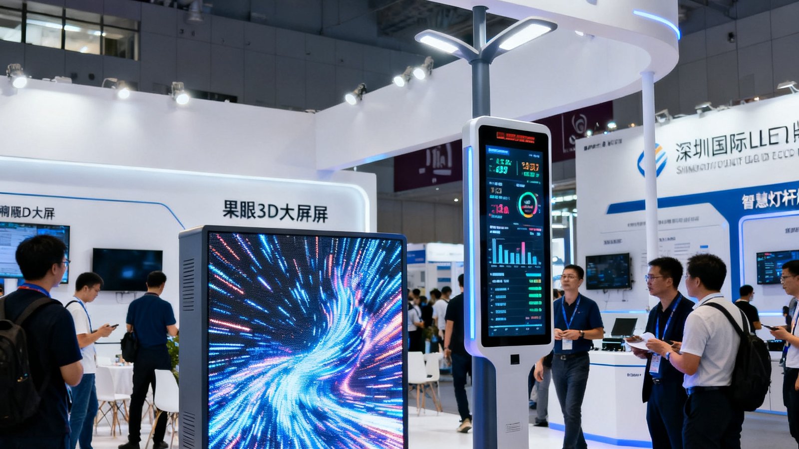 深圳国际LED展览会PT视讯展位，展示裸眼3D大屏缩小模型和智慧灯杆屏实物，参观者络绎不绝