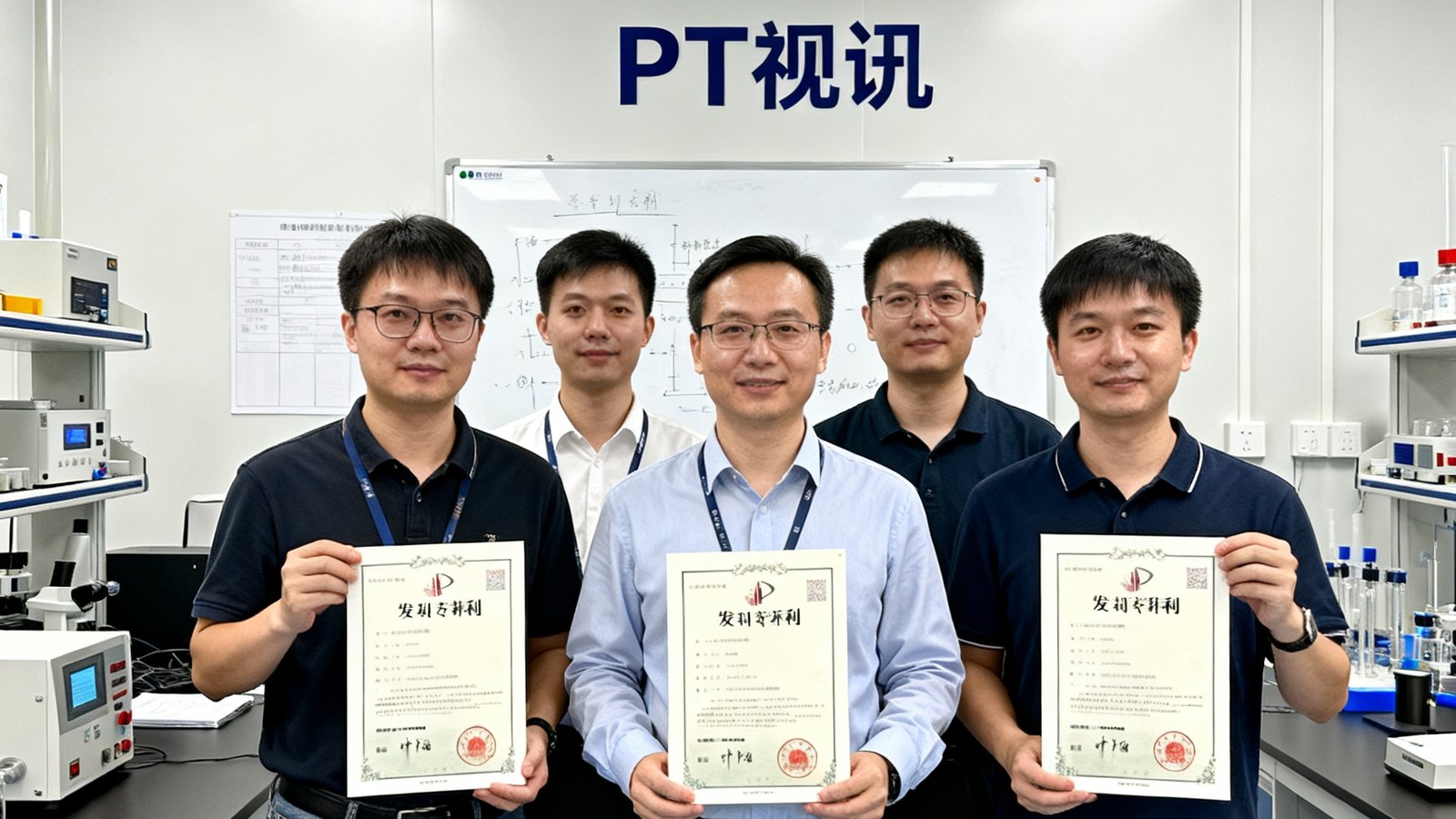 PT视讯研发团队在专利授权仪式上合影，展示新获得的发明专利证书，背景为公司实验室