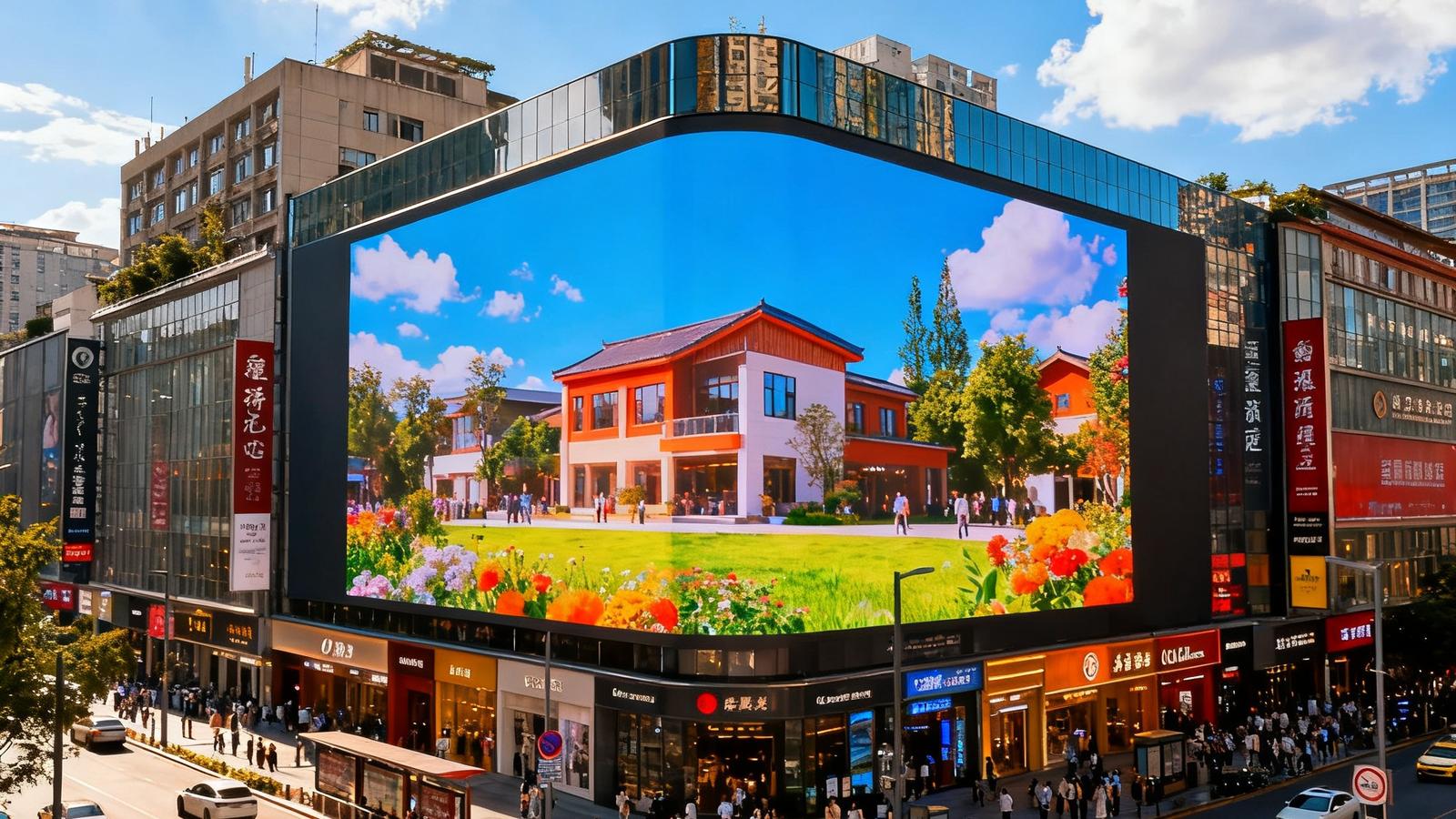 成都春熙路步行街建筑转角处的裸眼3D大屏，日间蓝天白云下屏幕画面清晰鲜艳，周边商业繁华
