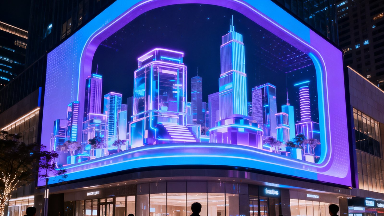 城市核心商圈建筑外立面安装的裸眼3D曲面转角LED大屏，夜晚播放立体动画内容，行人驻足观看