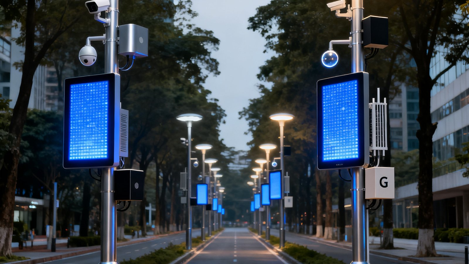 城市道路两侧的智慧灯杆，杆体集成LED信息发布屏、环境传感器和5G微基站模块，顶部为LED照明灯头