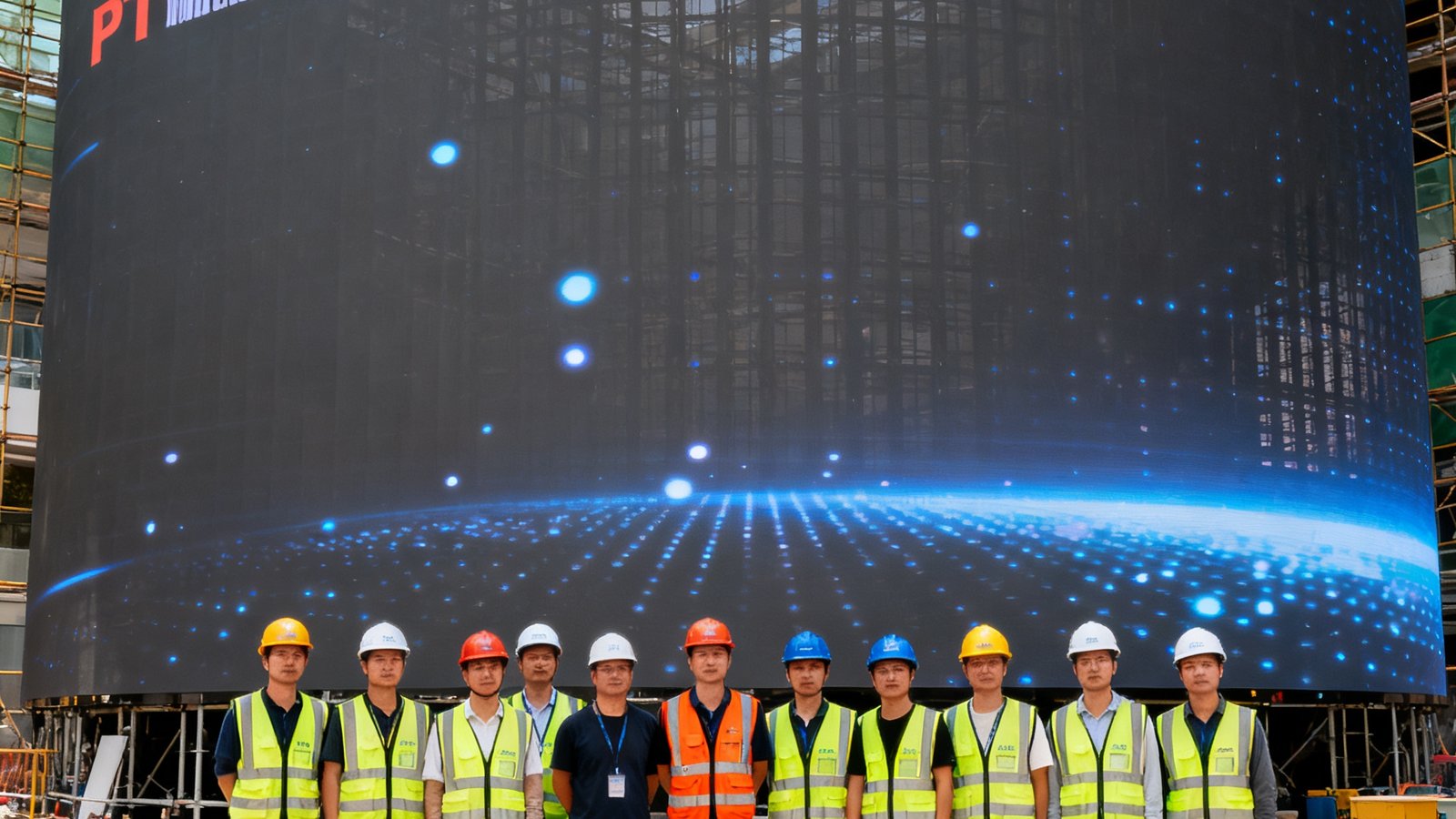 PT视讯技术团队十余人在裸眼3D大屏安装现场合影，背景是正在调试的巨型曲面LED屏幕，团队成员身穿安全背心和安全帽